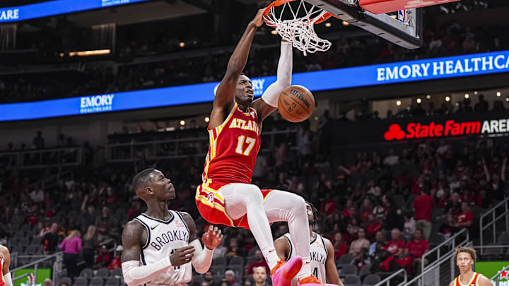 Onyeka Okongwu #17 and Dyson Daniels #5 of the Atlanta Hawks