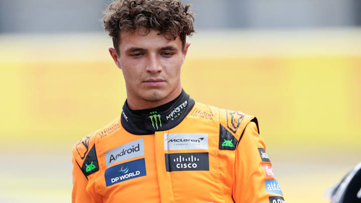 Oct 19, 2024; Austin, Texas, USA;  Lando Norris of McLaren reacts after finishing third in the Sprint Race at the Formula One US Grand Prix at Circuit of the Americas. Mandatory Credit: Erich Schlegel-Imagn Images