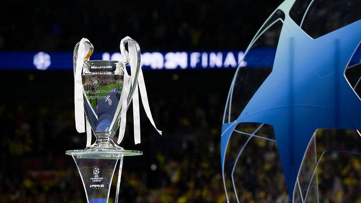 The trophy is seen on a plinth during the award ceremony The trophy is seen on a plinth during the award ceremony