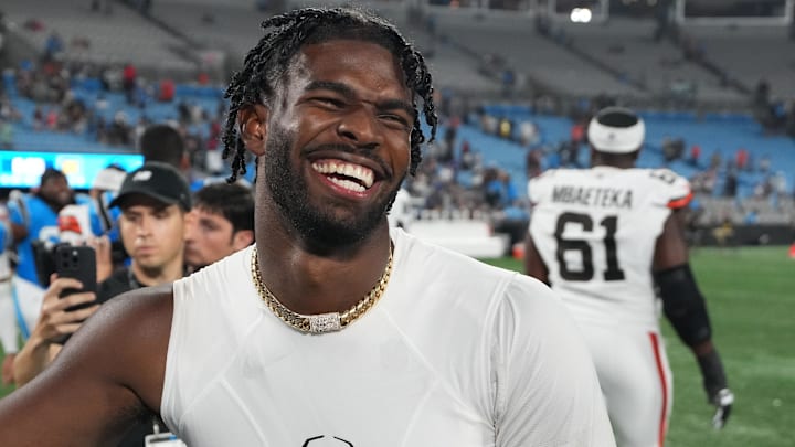 Cleveland Browns quarterback Shedeur Sanders (12) reacts after the game at Bank of America Stadium.