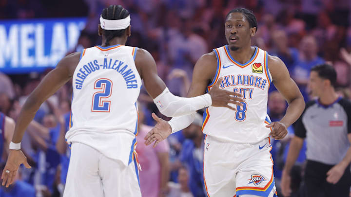 May 13, 2025; Oklahoma City, Oklahoma, USA; Oklahoma City Thunder forward Jalen Williams (8) and guard Shai Gilgeous-Alexander (2) celebrate after a scoring against the Denver Nuggets during the first quarter of game five of the second round for the 2025 NBA Playoffs at Paycom Center. Mandatory Credit: Alonzo Adams-Imagn Images May 13, 2025; Oklahoma City, Oklahoma, USA; Oklahoma City Thunder forward Jalen Williams (8) and guard Shai Gilgeous-Alexander (2) celebrate after a scoring against the Denver Nuggets during the first quarter of game five of the second round for the 2025 NBA Playoffs at Paycom Center. Mandatory Credit: Alonzo Adams-Imagn Images