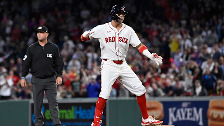 Jul 10, 2025; Boston, Massachusetts, USA; Boston Red Sox third baseman Marcelo Mayer (39) reacts to hitting a one run RBI against the Tampa Bay Rays during the seventh inning at Fenway Park. Mandatory Credit: Eric Canha-Imagn Images