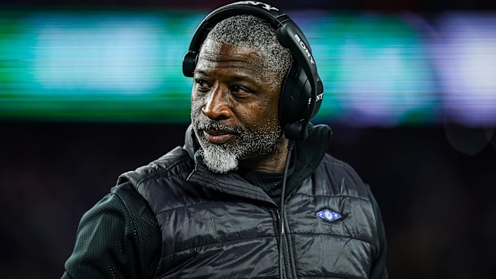 Nov 13, 2025; Foxborough, Massachusetts, USA; New York Jets head coach Aaron Glenn watches from the sideline as they take on the New England Patriots at Gillette Stadium. Mandatory Credit: David Butler II-Imagn Images