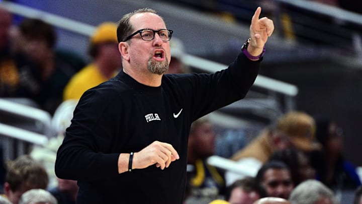 Oct 27, 2024; Indianapolis, Indiana, USA; Philadelphia 76ers Head Coach Nick Nurse signals to his team during the first quarter against the Indiana Pacers at Gainbridge Fieldhouse. Mandatory Credit: Marc Lebryk-Imagn Images
