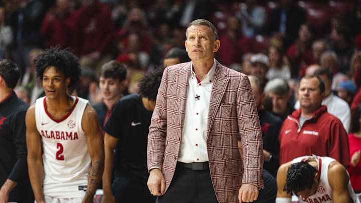 Mar 5, 2025; Tuscaloosa, Alabama, USA; Alabama Crimson Tide head coach Nate Oats directs his team against the Florida Gators during the first half at Coleman Coliseum. Mandatory Credit: Will McLelland-Imagn Images