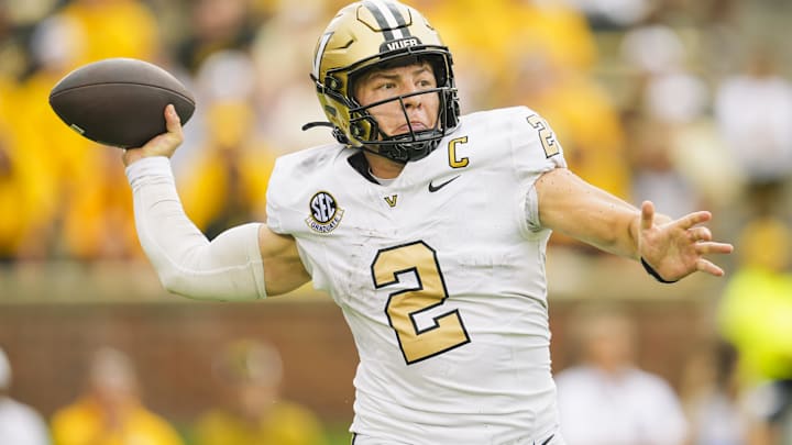 Sep 21, 2024; Columbia, Missouri, USA; Vanderbilt Commodores quarterback Diego Pavia (2) throws a pass during the second half against the Missouri Tigers at Faurot Field at Memorial Stadium. Mandatory Credit: Jay Biggerstaff-Imagn Images