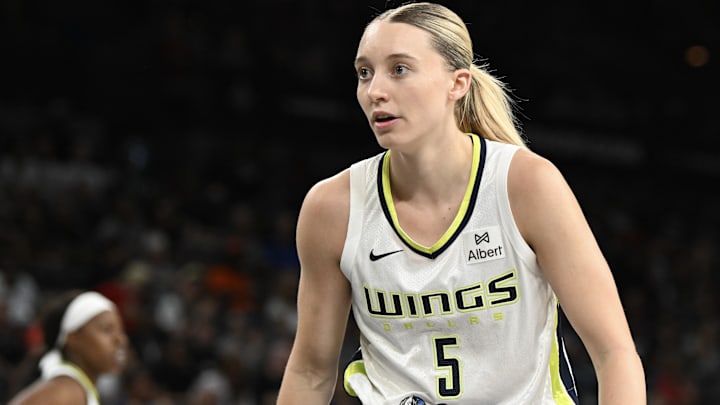Dallas Wings guard Paige Bueckers (5) defends against the Las Vegas Aces in the third quarter of their game at Michelob Ultra Arena.
