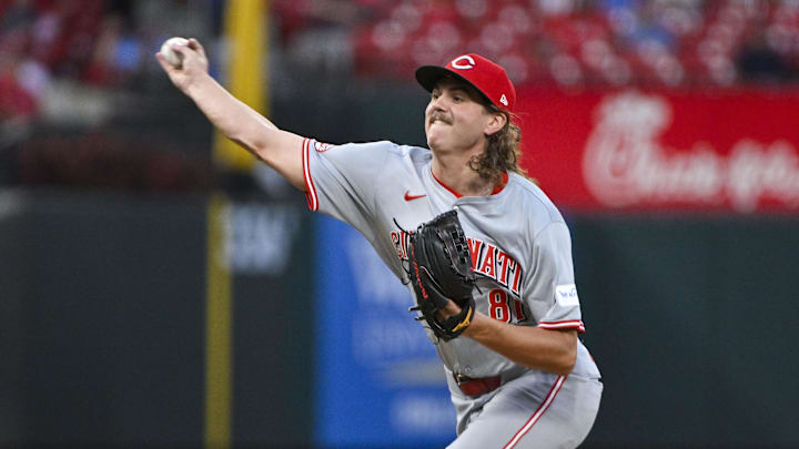 Sep 10, 2024; St. Louis, Missouri, USA; Cincinnati Reds starting pitcher Rhett Lowder (81) pitches against the St. Louis Cardinals during the first inning at Busch Stadium. Mandatory Credit: Jeff Curry-Imagn Images Sep 10, 2024; St. Louis, Missouri, USA; Cincinnati Reds starting pitcher Rhett Lowder (81) pitches against the St. Louis Cardinals during the first inning at Busch Stadium. Mandatory Credit: Jeff Curry-Imagn Images
