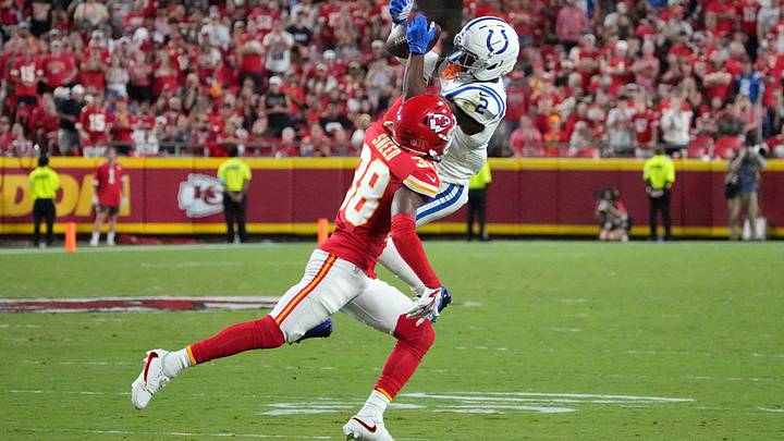 Sep 20, 2026; Kansas City, Missouri, USA;  Kansas City Chiefs cornerback L'Jarius Sneed (38) breaks up a pass intended for Indianapolis Colts wide receiver Josh Downs (2)  during the second quarter at GEHA Field at Arrowhead Stadium.  Mandatory Credit: Denny Medley-Imagn Images