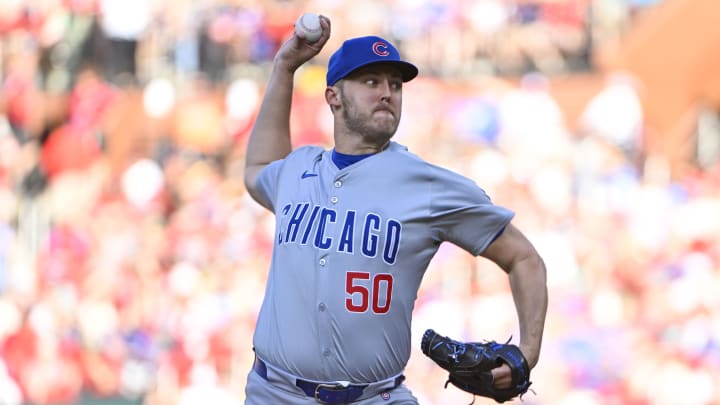 May 25, 2024; St. Louis, Missouri, USA; Chicago Cubs starting pitcher Jameson Taillon (50) pitches against the St. Louis Cardinals during the first inning at Busch Stadium. May 25, 2024; St. Louis, Missouri, USA; Chicago Cubs starting pitcher Jameson Taillon (50) pitches against the St. Louis Cardinals during the first inning at Busch Stadium.