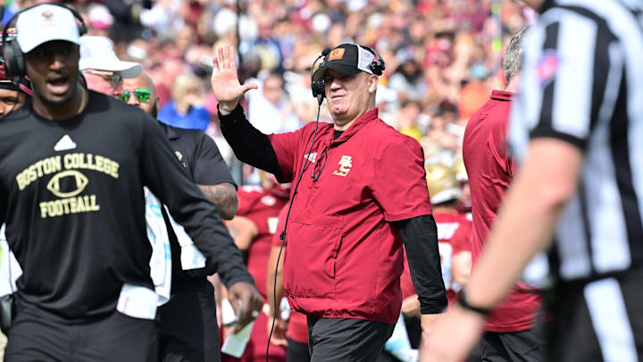 Sep 28, 2024; Chestnut Hill, Massachusetts, USA; Boston College Eagles head coach Bill O'Brien high fives the team after a touchdown against the Western Kentucky Hilltoppers during the first half at Alumni Stadium. Mandatory Credit: Eric Canha-Imagn Images