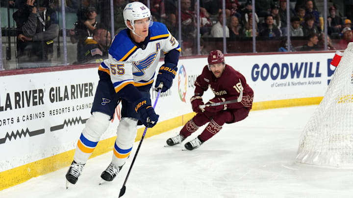Nov 22, 2023; Tempe, Arizona, USA; St. Louis Blues defenseman Colton Parayko (55) skates the puck by