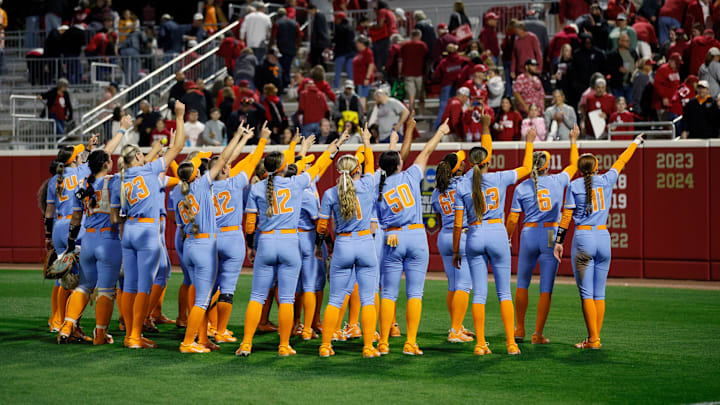 Tennessee celebrates after an NCAA softball game between the Oklahoma Sooners (OU) and the Tennessee Lady Volunteers at Love's Field in Norman, Okla., Friday, March 28, 2025.