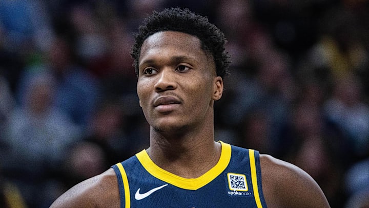 Former Indiana Pacers guard Bennedict Mathurin (00) looks on in the second half against the Cleveland Cavaliers at Gainbridge Fieldhouse.