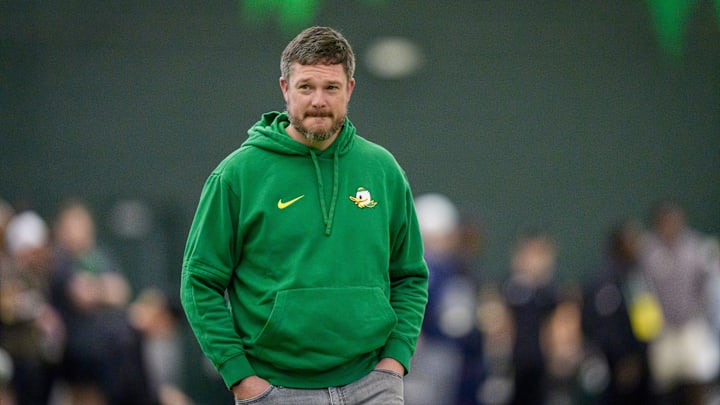 Oregon head coach Dan Lanning attends Oregon Pro Day on March 17, 2026, at the Moshofsky Center in Eugene, Oregon. Oregon head coach Dan Lanning attends Oregon Pro Day on March 17, 2026, at the Moshofsky Center in Eugene, Oregon.