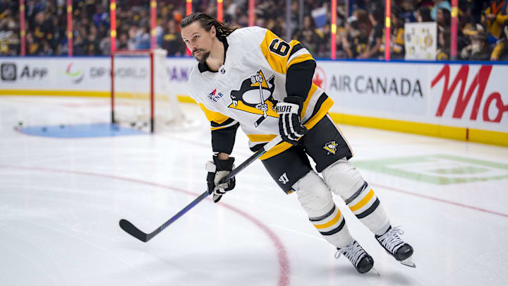 Oct 26, 2024; Vancouver, British Columbia, CAN; Pittsburgh Penguins defenseman Erik Karlsson (65) skates during warm up prior to a game against the Vancouver Canucks at Rogers Arena. Mandatory Credit: Bob Frid-Imagn Images