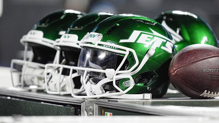 Aug 17, 2024; Charlotte, North Carolina, USA; New York Jets helmets during the second half against the Carolina Panthers at Bank of America Stadium. Mandatory Credit: Jim Dedmon-Imagn Images