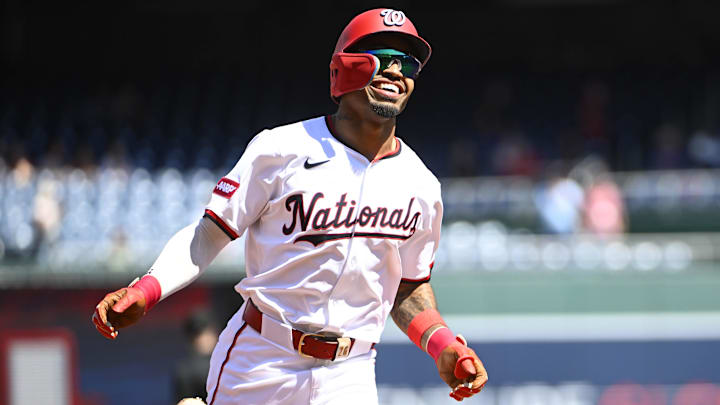 Sep 3, 2025; Washington, District of Columbia, USA; Washington Nationals shortstop Nasim Nunez (26) reacts while rounding the bases after hitting a solo home run against the Miami Marlins during the second inning at Nationals Park Sep 3, 2025; Washington, District of Columbia, USA; Washington Nationals shortstop Nasim Nunez (26) reacts while rounding the bases after hitting a solo home run against the Miami Marlins during the second inning at Nationals Park