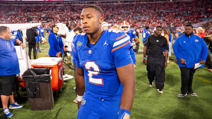 Florida Gators quarterback DJ Lagway (2) walks off the field after Georgia defeated Florida 24-20 in an NCAA football game, Saturday, Nov. 1, 2025, at EverBank Stadium in Jacksonville, Fla. [Doug Engle/Florida Times-Union]