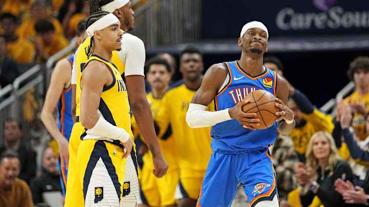 Jun 11, 2025; Indianapolis, Indiana, USA; Oklahoma City Thunder guard Shai Gilgeous-Alexander (2) reacts during the third quarter of the game against the Indiana Pacers in game three of the 2025 NBA Finals at Gainbridge Fieldhouse. Mandatory Credit: Kyle Terada-Imagn Images Jun 11, 2025; Indianapolis, Indiana, USA; Oklahoma City Thunder guard Shai Gilgeous-Alexander (2) reacts during the third quarter of the game against the Indiana Pacers in game three of the 2025 NBA Finals at Gainbridge Fieldhouse. Mandatory Credit: Kyle Terada-Imagn Images