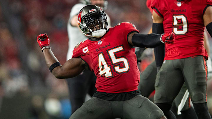 Dec 24, 2023; Tampa, Florida, USA; Tampa Bay Buccaneers linebacker Devin White (45) celebrates a sack against the Jacksonville Jaguars at Raymond James Stadium. Mandatory Credit: Jeremy Reper-Imagn Images