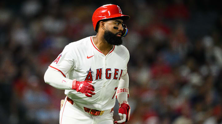 Sep 25, 2025; Anaheim, California, USA; Los Angeles Angels right fielder Jo Adell (7) runs after hitting a single during the sixth inning against the Kansas City Royals at Angel Stadium. Mandatory Credit: William Liang-Imagn Images Sep 25, 2025; Anaheim, California, USA; Los Angeles Angels right fielder Jo Adell (7) runs after hitting a single during the sixth inning against the Kansas City Royals at Angel Stadium. Mandatory Credit: William Liang-Imagn Images