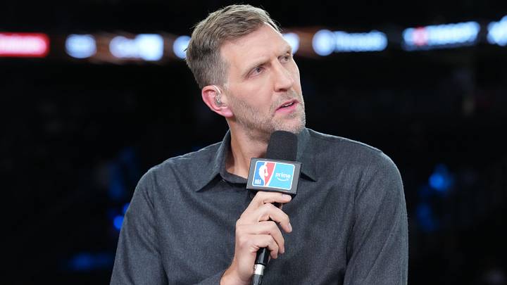 Dec 13, 2025; Las Vegas, Nevada, USA; NBA on Amazon studio analyst Dirk Nowitzki during the NBA Cup semifinals at T-Mobile Arena. Mandatory Credit: Kirby Lee-Imagn Images