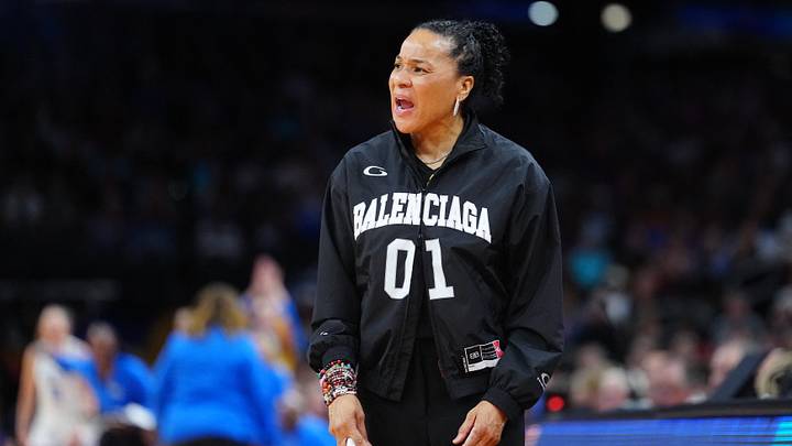 Apr 5, 2026; Phoenix, AZ, USA; South Carolina Gamecocks head coach Dawn Staley looks on in the second half against the UCLA Bruins during the National Championship game of the women's 2026 NCAA Tournament at Mortgage Matchup Center. Mandatory Credit: Kirby Lee-Imagn Images