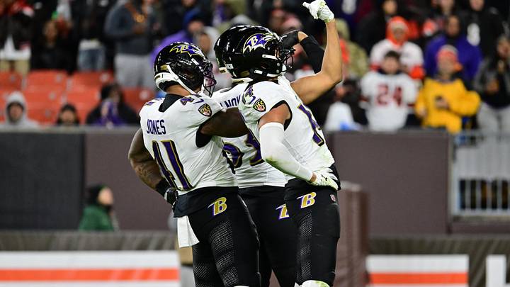 Nov 16, 2025; Cleveland, Ohio, USA;  Baltimore Ravens safety Kyle Hamilton (14) and cornerback Marlon Humphrey (44) celebrate a sack during the third quarter against the Cleveland Browns at Huntington Bank Field. Mandatory Credit: Ken Blaze-Imagn Images