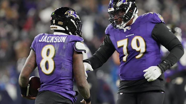 Jan 20, 2024; Baltimore, MD, USA; Baltimore Ravens quarterback Lamar Jackson (8) celebrates with