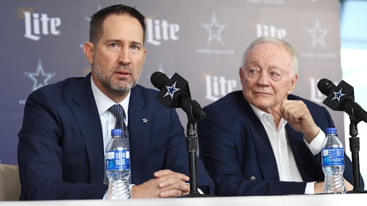 Jan 27, 2025; Frisco, TX, USA;   Dallas Cowboys Head Coach Brian Schottenheimer and owner Jerry Jones speak to the media at a press conference at the Star.