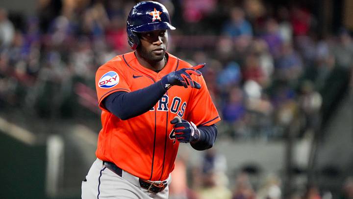 May 26, 2026; Arlington, Texas, USA; Houston Astros designated hitter Yordan Alvarez (44) reacts as he rounds the bases after hitting a solo home run against the Texas Rangers during the eighth inning at Globe Life Field. May 26, 2026; Arlington, Texas, USA; Houston Astros designated hitter Yordan Alvarez (44) reacts as he rounds the bases after hitting a solo home run against the Texas Rangers during the eighth inning at Globe Life Field.