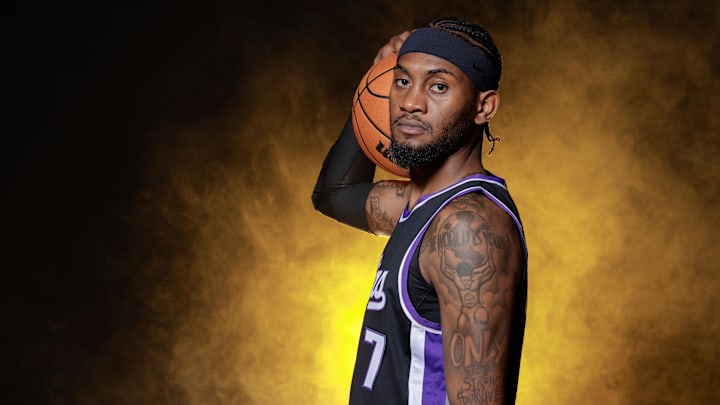 Sep 30, 2024; Sacramento, CA, USA; Sacramento Kings forward Jalen McDaniels (7) during media day at Golden 1 Center.