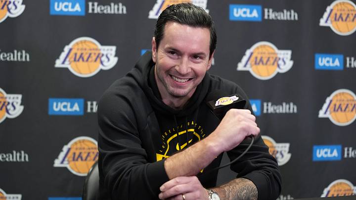 Nov 18, 2025; Los Angeles, California, USA; Los Angeles Lakers head coach JJ Redick at press conference at Crypto.com Arena. Mandatory Credit: Kirby Lee-Imagn Images