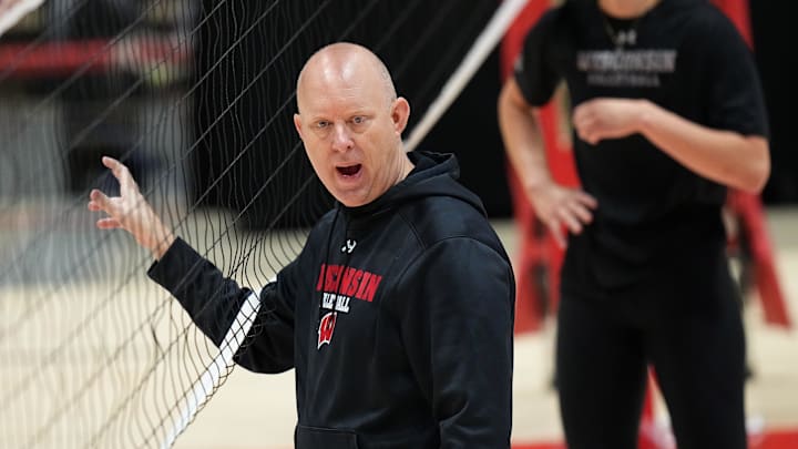 Wisconsin head coach Kelly Sheffield is shown during volleyball practice on August 22, 2022, in Madison, Wis. Wisconsin will be defending their NCAA national championship this season.