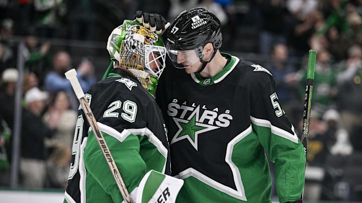 Mar 12, 2026; Dallas, Texas, USA; Dallas Stars goaltender Jake Oettinger (29) and defenseman Tyler Myers (57) celebrate the win over the Edmonton Oilers at the American Airlines Center. Mandatory Credit: Jerome Miron-Imagn Images