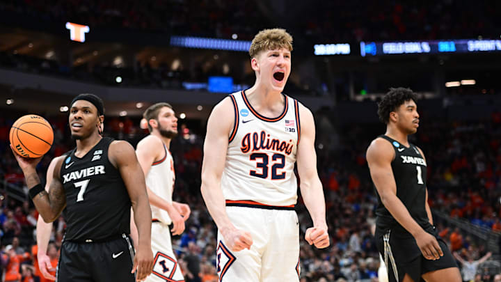 Mar 21, 2025; Milwaukee, WI, USA: Illinois Fighting Illini guard Kasparas Jakucionis (32) reacts during the second half against the Xavier Musketeers at Fiserv Forum. Mandatory Credit: Benny Sieu-Imagn Images