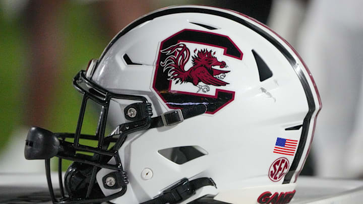 Sep 20, 2025; Columbia, Missouri, USA; A general view of a South Carolina Gamecocks helmet against the Missouri Tigers during the second half of the game at Faurot Field at Memorial Stadium. Mandatory Credit: Denny Medley-Imagn Images