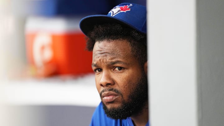 Sep 29, 2024; Toronto, Ontario, CAN; Toronto Blue Jays designated hitter Vladimir Guerrero Jr. (27) sits in the dugout before the start of a game against the Miami Marlins at Rogers Centre. Mandatory Credit: Nick Turchiaro-Imagn Images