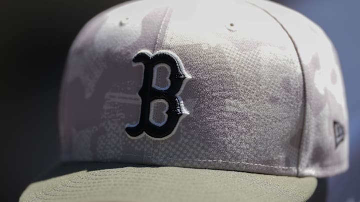 May 26, 2025; Milwaukee, Wisconsin, USA;  General view of a Boston Red Sox hat during warmups prior the game against the Milwaukee Brewers at American Family Field. Mandatory Credit: Jeff Hanisch-Imagn Images