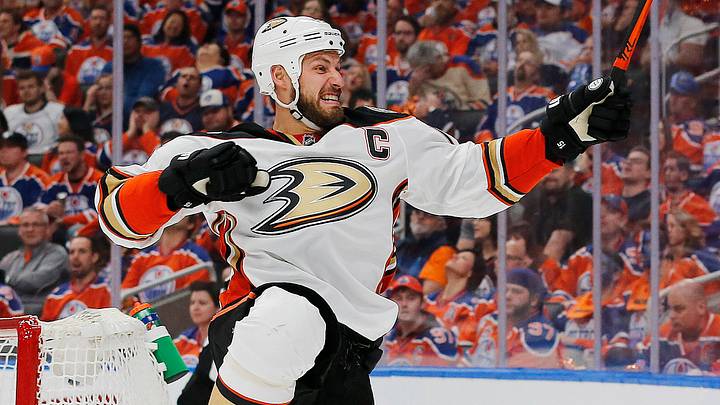 May 3, 2017; Edmonton, Alberta, CAN; Anaheim Ducks forward Ryan Getzlaf (15) celebrates a second period goal against the Edmonton Oilers in game four of the second round of the 2017 Stanley Cup Playoffs at Rogers Place. Mandatory Credit: Perry Nelson-USA TODAY Sports