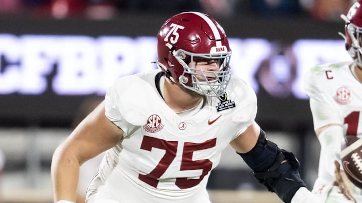 Dec 19, 2025; Norman, OK, USA; Alabama Crimson Tide offensive lineman Wilkin Formby (75) against the Oklahoma Sooners during the CFP National Playoff First Round at Gaylord Family Oklahoma Memorial Stadium. Mandatory Credit: Mark J. Rebilas-Imagn Images