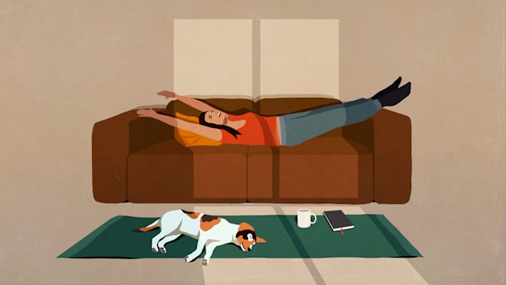 She's happy because she finally understands that she's lying down—not laying down.