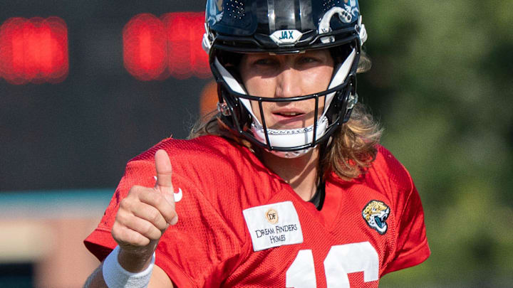 Jacksonville Jaguars quarterback Trevor Lawrence (16) gives a thumbs up during the Jaguars 14th NFL training camp session at Miller Electric Center Tuesday August 12, 2025 in Jacksonville, Fla. The Jaguars travel to New Orleans to play the Saints this Sunday in their second preseason game. 