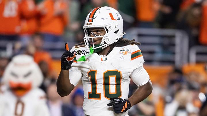 Jan 19, 2026; Miami Gardens, FL, USA; Miami Hurricanes wide receiver Malachi Toney (10) celebrates after scoring a touchdown against the Indiana Hoosiers during the College Football Playoff National Championship game at Hard Rock Stadium. Mandatory Credit: Mark J. Rebilas-Imagn Images Jan 19, 2026; Miami Gardens, FL, USA; Miami Hurricanes wide receiver Malachi Toney (10) celebrates after scoring a touchdown against the Indiana Hoosiers during the College Football Playoff National Championship game at Hard Rock Stadium. Mandatory Credit: Mark J. Rebilas-Imagn Images