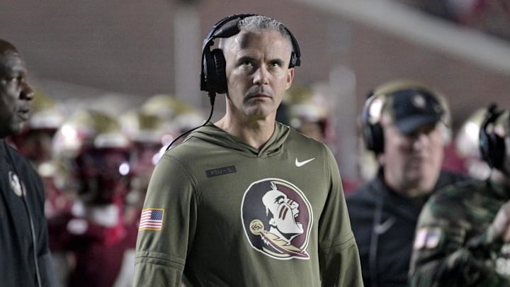 Nov 15, 2025; Tallahassee, Florida, USA; Florida State Seminoles head coach Mike Norvell during the second half against the Virginia Tech Hokies at Doak S. Campbell Stadium. Mandatory Credit: Melina Myers-Imagn Images