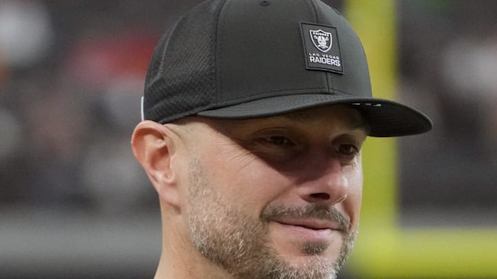 Jan 4, 2026; Paradise, Nevada, USA; Las Vegas Raiders general manager John Spytek reacts during the game against the Kansas City Chiefs at Allegiant Stadium. Mandatory Credit: Kirby Lee-Imagn Images