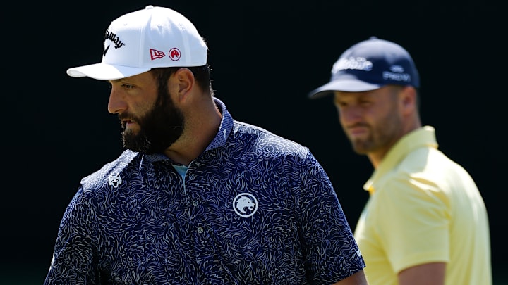Jon Rahm and Wyndham Clark during the first round of the 2025 Masters at Augusta National Golf Club