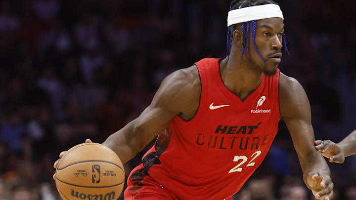 Dec 8, 2024; Miami, Florida, USA;  Miami Heat forward Jimmy Butler (22) brings the ball up court during the second half at Kaseya Center. Mandatory Credit: Rhona Wise-Imagn Images