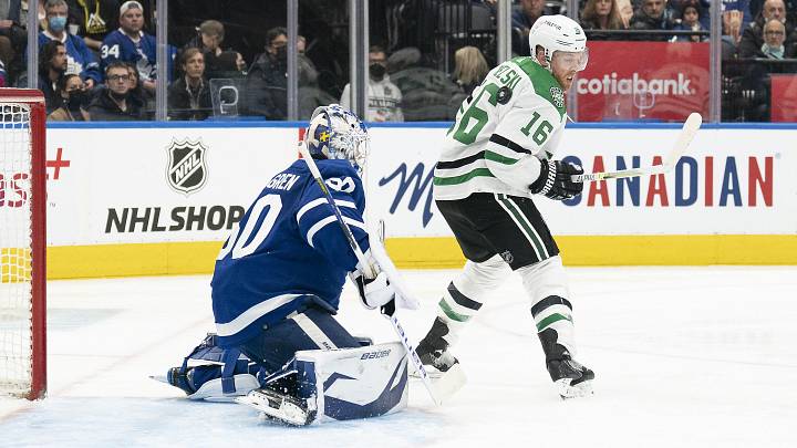 Mar 15, 2022; Toronto, Ontario, CAN; Dallas Stars center Joe Pavelski (16) battles for the puck in front of Toronto Maple Leafs goaltender Krik Kallgren (50) during the second period at Scotiabank Arena. Mandatory Credit: Nick Turchiaro-Imagn Images